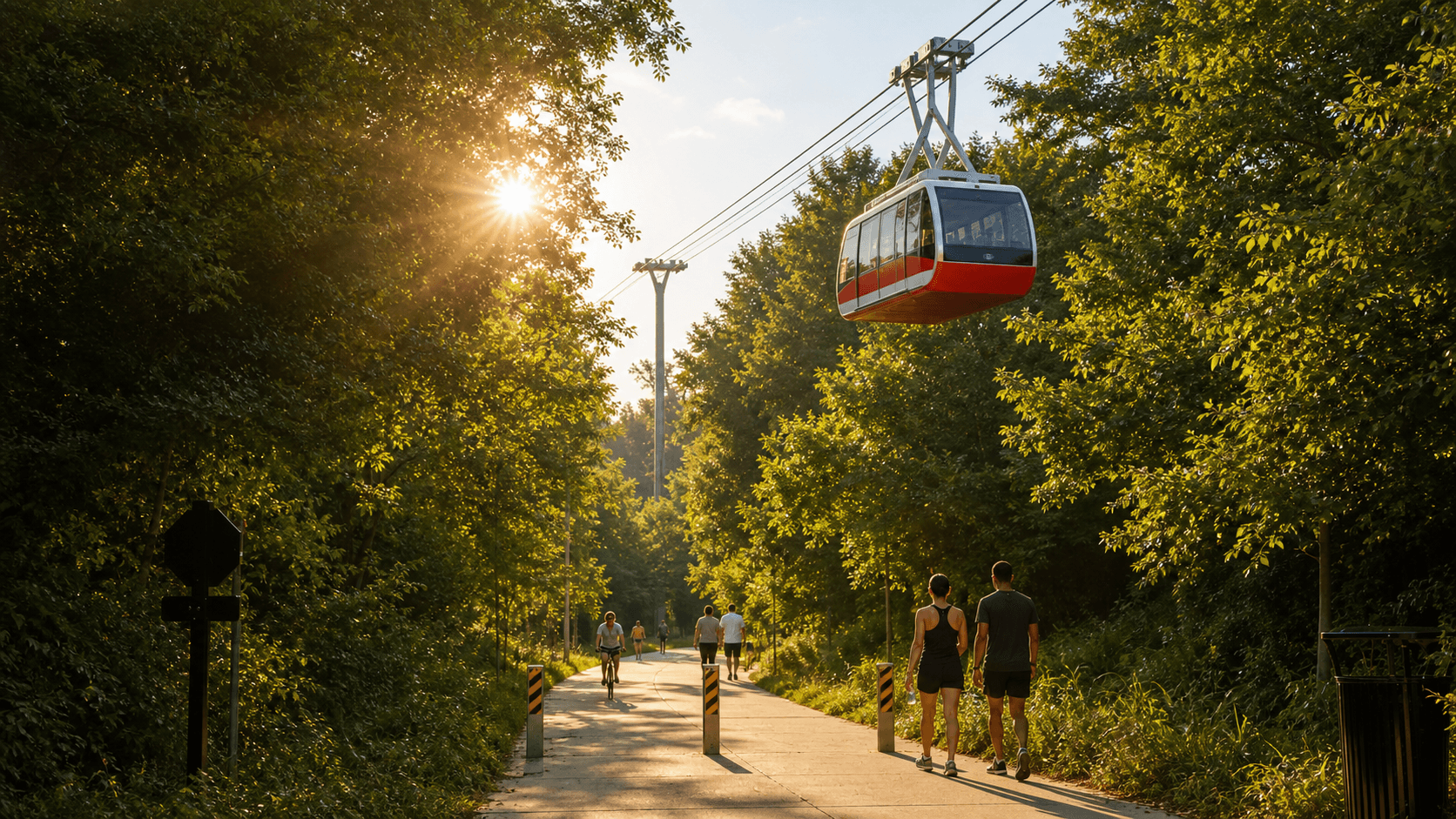 Generated concept of a red-and-white aerial tram safely separated above the Atlanta Beltline Westside Trail